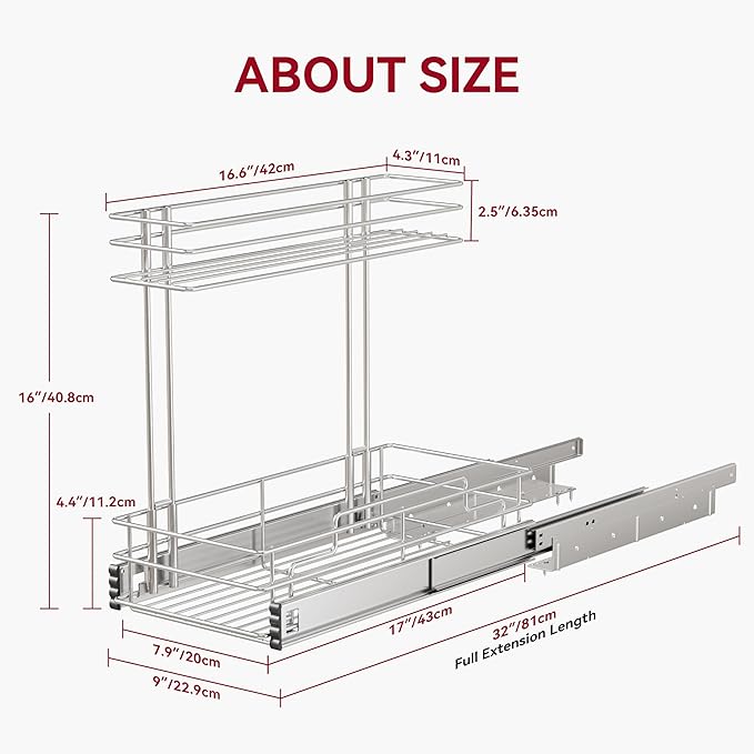 Under Sink Organizer 9" W X17 D, Pull Out Cabinet Organizer 2 Tier, Under Sink Slide Out Chrome Plated, Under Kitchen Bathroo