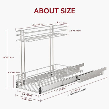 Under Sink Organizer 9" W X17 D, Pull Out Cabinet Organizer 2 Tier, Under Sink Slide Out Chrome Plated, Under Kitchen Bathroo