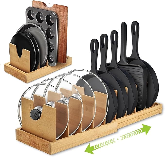 Pots and Pans Organizer for under Cabinet - Expandable Bamboo Pot Lid Organizer, Bakeware and Cutting Board Organizers, Drawer Pot Lid Holder Rack for Kitchen Organizers and Storage