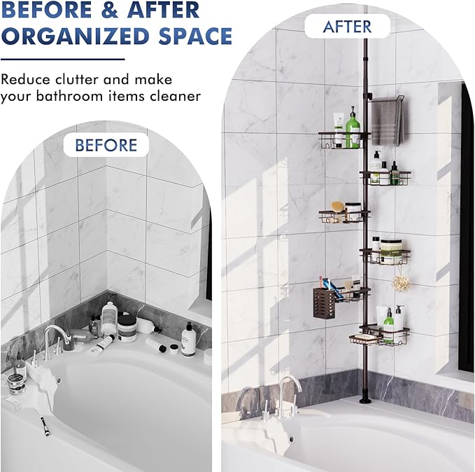 Corner Shower Caddy Tension Pole,Adjustable 30-120 Inch Bathroom Organizer Storage,Rustproof 6-Tier Shower Corner Shelves,Tow