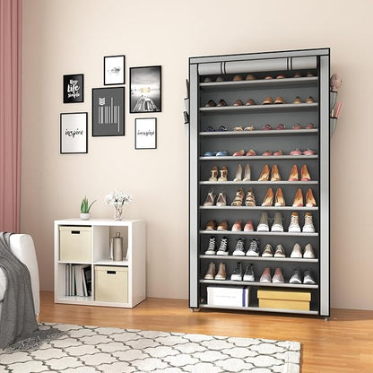 ROJASOP Shoe Rack with Covers, Stackable 10 Tier Tall Shoe Shelf Storage 50-55 Pairs Shoes and Boots Large Capacity Vertical 