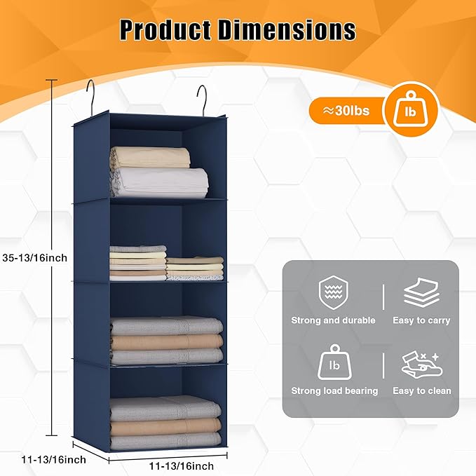Hanging Closet Organizer - 4-Shelf, Easy Mount Foldable Wardrobe Storage Shelves for Clothes, Handbags, Shoes & Accessories -