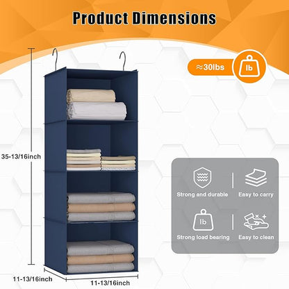 Hanging Closet Organizer - 4-Shelf, Easy Mount Foldable Wardrobe Storage Shelves for Clothes, Handbags, Shoes & Accessories -