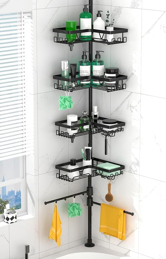 Shower Caddy Tension Pole Corner with 4 Removable Baskets & 2 Towel Bar - Expandable Shower Caddy Corner Adjustable 25-114.2 