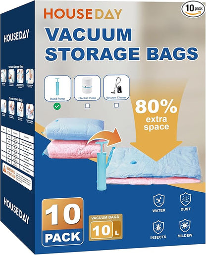 HOUSE DAY 10 Large Vacuum Storage Bags with Pump,Space Saving Vacuum Seal Bags For Clothing Travel, Vacuum Storage Bags For C