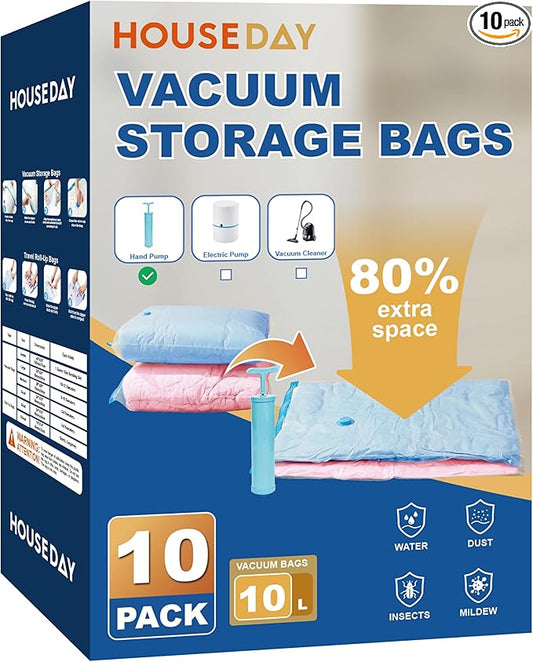 HOUSE DAY 10 Large Vacuum Storage Bags with Pump,Space Saving Vacuum Seal Bags For Clothing Travel, Vacuum Storage Bags For C