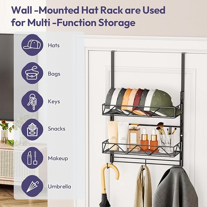 SWTYMIKI Over Door Hat Organizer - 3 Tier Wall Mounted Hat Rack with 2 Adjustable Metal Basket and 3 Hooks, Hanging Baseball 