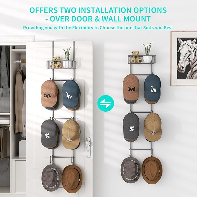 HapiRm Over Door Hat Rack - 2 Packs Wall Mounted Hat Holder with 6 Hooks and Metal Basket Design, Baseball Cap Organizer Stor