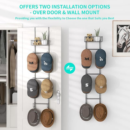 HapiRm Over Door Hat Rack - 2 Packs Wall Mounted Hat Holder with 6 Hooks and Metal Basket Design, Baseball Cap Organizer Stor