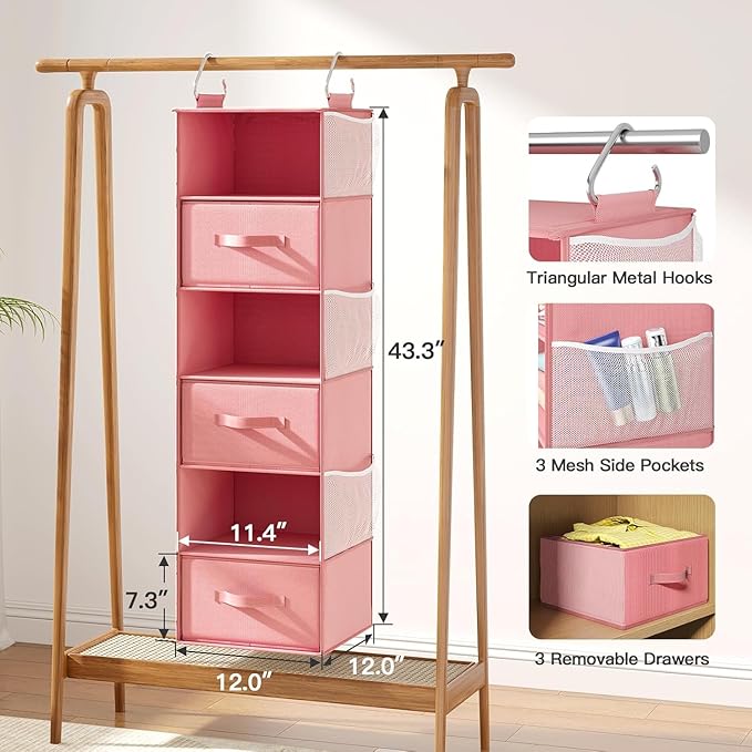 Pipishell Hanging Closet Organizer 6-Shelf, Hanging Shelves for Closet with 3 Removable Drawers & Side Pockets for Bedroom, G