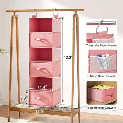 Pipishell Hanging Closet Organizer 6-Shelf, Hanging Shelves for Closet with 3 Removable Drawers & Side Pockets for Bedroom, G