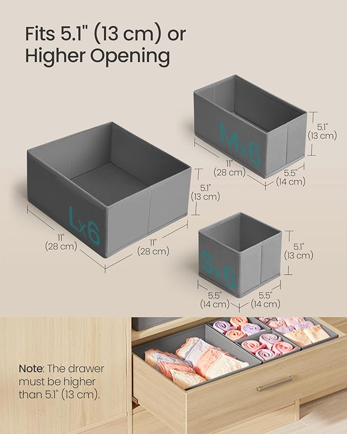 SONGMICS Drawer Organizers, Dresser Divider Organizers, Set of 18, Foldable Fabric Storage Boxes for Socks, Underwear, Bras, 