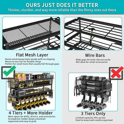Power Tool Organizer Wall Mount Loads 400lbs, 4 Layers Heavy Duty Tool Organizers and Storage, Cordless Tool Rack with 8 Dril