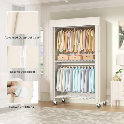 FUTASSI White Clothing Rack with Beige Cover, P1C Rolling Closets with Wheels, Metal Garment Rack for Hanging Clothes, Clothi