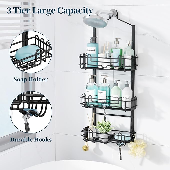 Consumest Shower Caddy Hanging – Rustproof Over Shower Head Hanger with Soap Holder and Hooks, Anti-Slip Shower Shelves for S