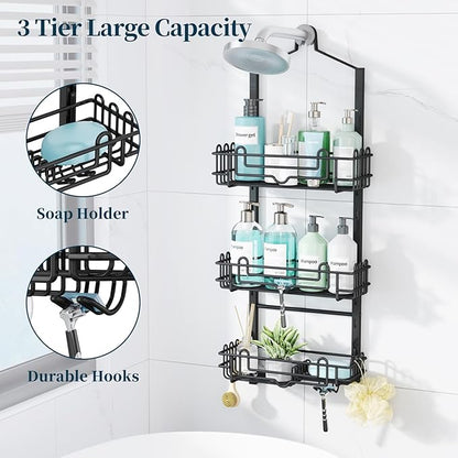 Consumest Shower Caddy Hanging – Rustproof Over Shower Head Hanger with Soap Holder and Hooks, Anti-Slip Shower Shelves for S