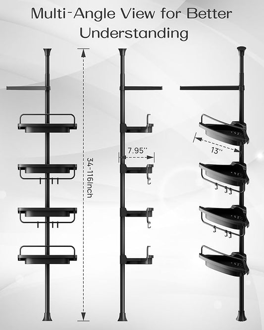 ALLZONE Corner Shower Caddy Tension Pole, Extendable Rustproof Stainless Steel Pole & 4-Tier Adjustable Shelves for Easy Drai