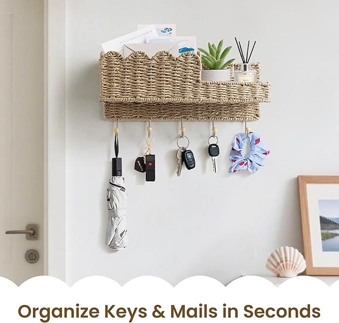 AELS Scalloped Woven Wall Mount Key Holder with 5 Hooks, Decorative Paperstraw Mail Organizer for Entryway, Wave Design Ratte