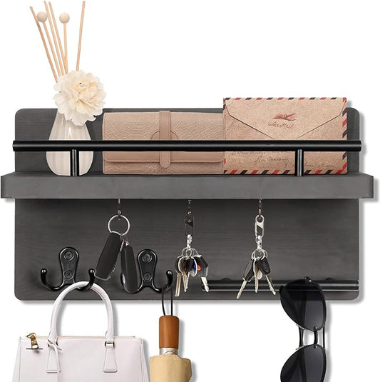 OurWarm Wall Mounted Key Hanger with 5 Hooks, Decorative Wooden Mail Organizer with Shelf, Rustic Home Decor for Entryway, Mu