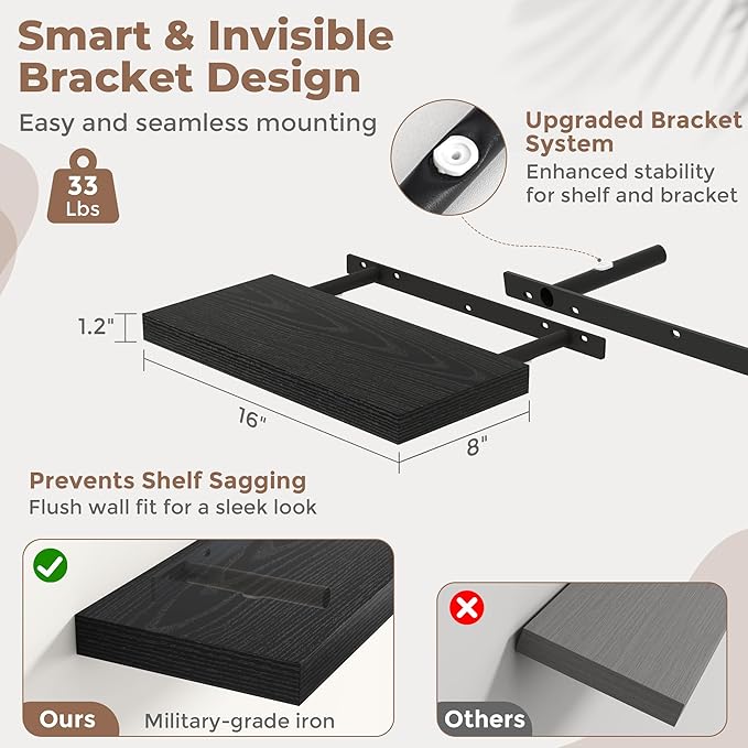 16 Inch Floating Shelves for Wall Set of 2, 8"D Wood Grain Bathroom Shelves with Invisible Brackets, Easy Install Engineered 