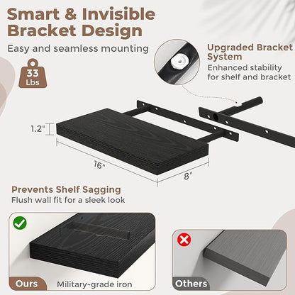 16 Inch Floating Shelves for Wall Set of 2, 8"D Wood Grain Bathroom Shelves with Invisible Brackets, Easy Install Engineered 
