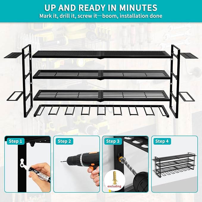 Power Tool Organizer Wall Mount Loads 400lbs, 4 Layers Heavy Duty Tool Organizers and Storage, Cordless Tool Rack with 8 Dril