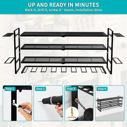 Power Tool Organizer Wall Mount Loads 400lbs, 4 Layers Heavy Duty Tool Organizers and Storage, Cordless Tool Rack with 8 Dril