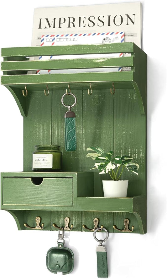 Rebee Vision Pine Wood Key Holder Wall Mount with Small Drawer Organizer - Wall Mounted Mail Organizer & Key Holder with 9 Ho
