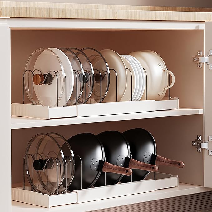 Pots and Pans Organizer Under Cabinet Expandable Pot Lid Holder with 10 Adjustable Dividers Pot Rack for Kitchen Storage Cutting Boards, Bakeware, Lid, White 2PCS