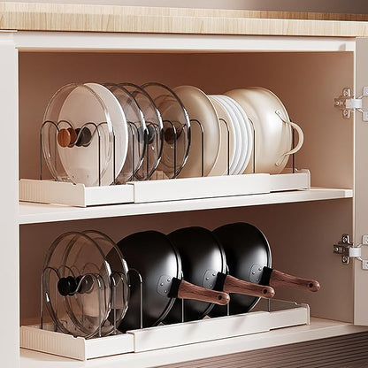 Pots and Pans Organizer Under Cabinet Expandable Pot Lid Holder with 10 Adjustable Dividers Pot Rack for Kitchen Storage Cutting Boards, Bakeware, Lid, White 2PCS