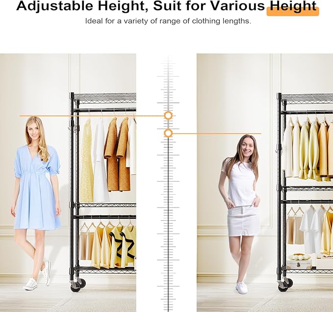 M MZG Heavy Duty Rolling Garment Rack 3 Tiers Adjustable Wire Shelving Clothes Rack with 2 Rods and Side Hooks,Storage Closet
