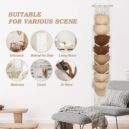 Macrame Hat Hangers for Wall Handmade Boho Baseball Cap Hanger Hand Knitting Cap Organizer Hat Holder for Wall Over Door Ball