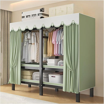 Portable Foldable Wardrobe Closet with Cover, Metal Clothing Rack with Hanging Rods, Space-Saving Storage Organizer for Bedro
