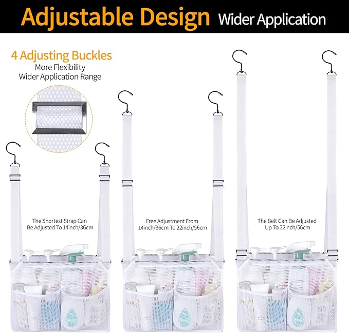 4 Storage Pockets Adjustable Hanging Mesh Bathroom Bag, Shower Caddy College with Hooks, Applied to College Dorm Rooms, Gym, 