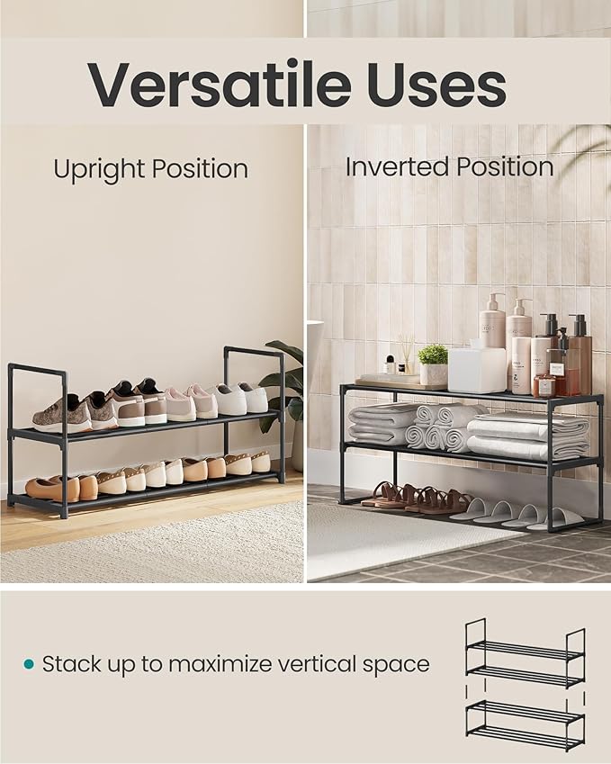 SONGMICS Shoe Rack, 2-Tier Shoe Organizer, Metal Storage Shelf, Upright or Upside Down, for 12-15 Pairs, Stackable, for Entry