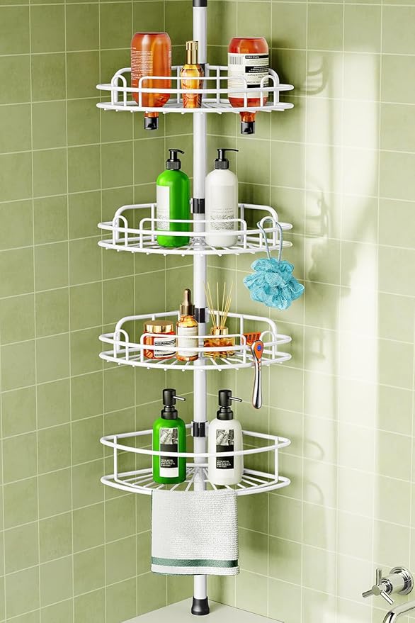 HAMITOR Corner Shower Caddy Tension Pole: Rustproof Bathroom Organizer Shelves for Bathtub Shampoo Accessories Storage Holder