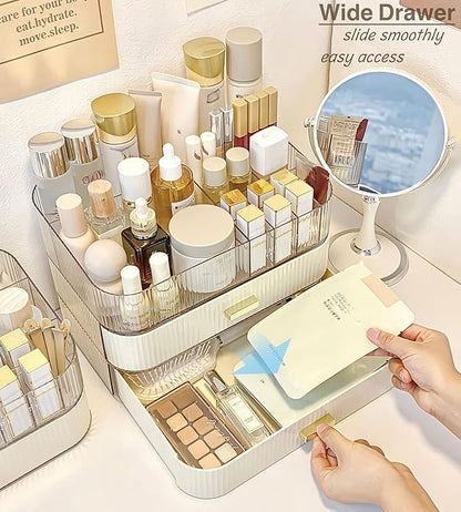 Makeup Organizer with Drawer, Stackable Cosmetic Organizer for Vanity and Bathroom Countertop, Clear Storage for Perfume, Ski