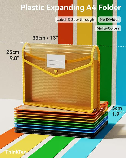 ThinkTex Plastic Expanding File Folder, Transparent Envelopes with Snap Closure, No Dividers, Large Capacity, Assorted Colors