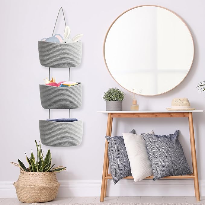 TeoKJ Over the Door Hanging Basket, 3-Tier Woven Cotton Wall-Mounted Storage Organizer Bag Decorative Hanging Nursery Baskets