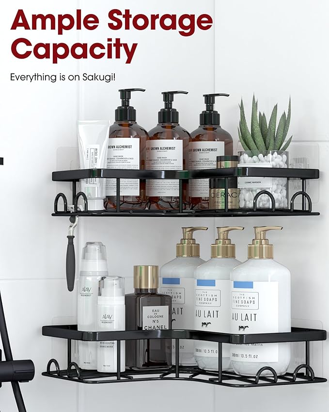 Sakugi Corner Shower Caddy - 2 Pack, Adhesive Shower Organizers, Rustproof Stainless Steel Shower Shelves with 8 Hooks, No Dr