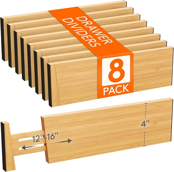 Lifewit 4" High 8 Pack Bamboo Drawer Dividers 31-40cm/12-16 Adjustable Wooden Drawer Organizer for Clothes/Utensils, Expandab