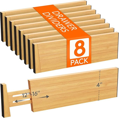 Lifewit 4" High 8 Pack Bamboo Drawer Dividers 31-40cm/12-16 Adjustable Wooden Drawer Organizer for Clothes/Utensils, Expandab