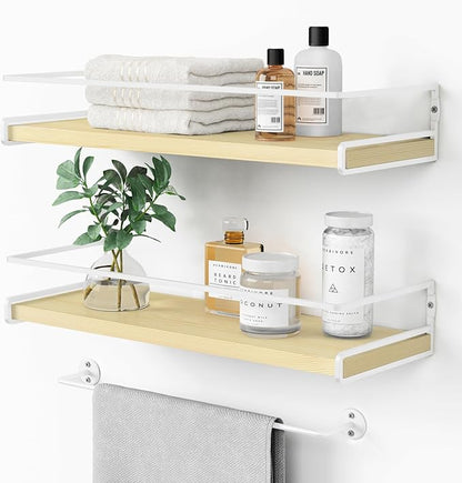 Forbena Floating Shelves for Wall with Rail, White and Natural Wood Nursery Book Shelves for Baby Girls Boys Kids Room Bedroo