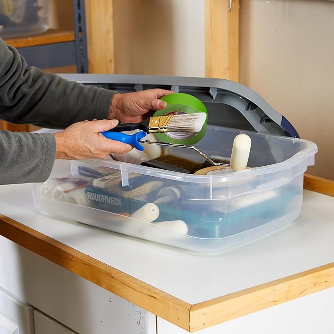 Rubbermaid Roughneck Clear 31 Qt/ 7.75 Gal Storage Containers, Pack of 6 with Snap-Fit Grey Lids, Visible Base, Sturdy and St