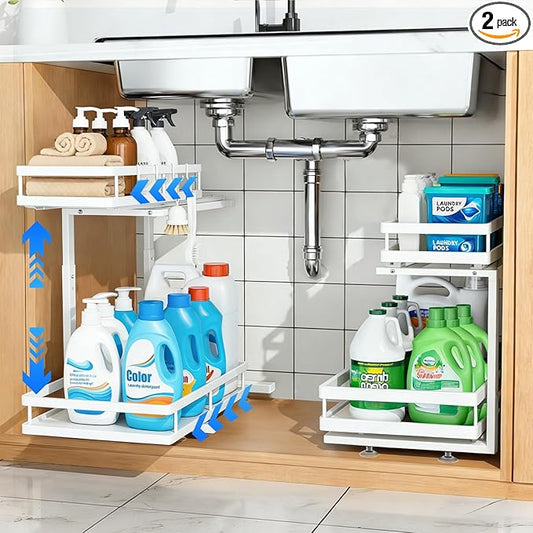 Under Sink Organizer, Dual-Rail Ball-Bearing, Under Kitchen Sink Organizer, 6-Level Adjustable, Under Cabinet Organizer, No-D