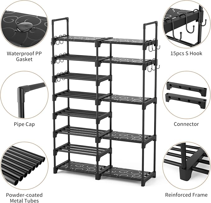 ROJASOP Shoe Rack Organizer, 8-Tier Metal Shoe Rack for Closet Entryway Garage, 26-32 Pairs Tall Shoe Boot Storage Shelf with
