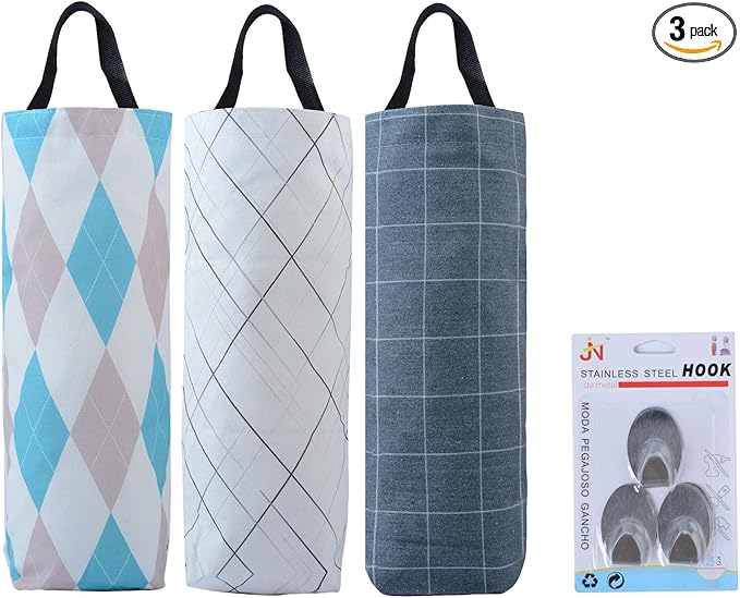 Plastic Bag Holder Sulimy Dispensers Folding Garbage Bags 3pcs Hanging Storage Bag Cotton Linen Fabric Trash bags Holder Organizer Recycling Grocery Pocket Containers with 3 Hooks (Multicolor 2)