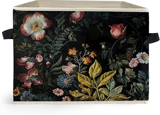 Vintage Gothic Floral Storage Box Bins, Dark Cottagecore Wildflower Botanical Collapsible Storage Basket Organizer for Bedroo