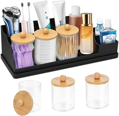 Bathroom Counter Organizer, Black Silicone Toothbrush Holders for Bathrooms Organizer Countertop with 3PCS Qtip Holder, Tooth