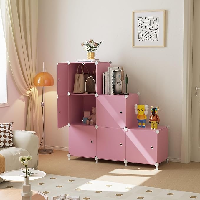 Cube Storage Organizer, 6-Cube Shelves Unit with Doors, DIY Stackable Plastic Clothes Organizer for Bedroom and Under Stairs 